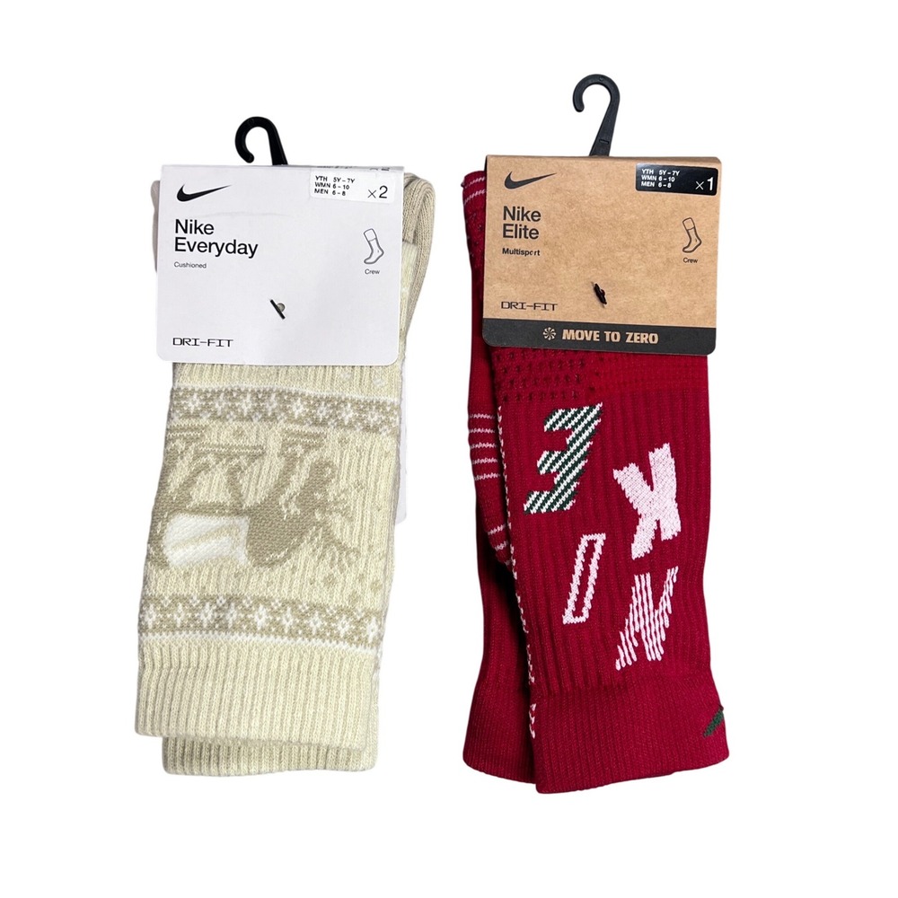 Nike Holiday Crew Socks Bundle 3 Pair Everyday Cushioned Elite Dri-FIT Red Cream